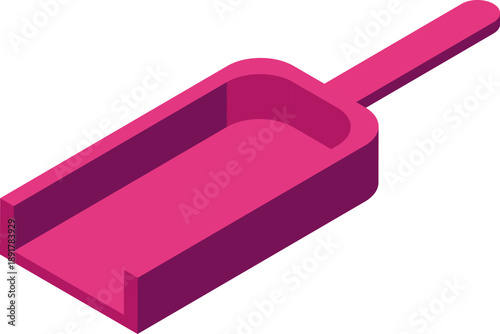 Isometric projection of a pink dustpan, a cleaning tool essential for maintaining tidiness
