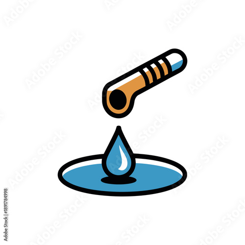 Dropper Dispensing Liquid Drop Icon. A sleek, minimalist vector icon featuring a black silhouette of a dropper or pipette precisely dispensing a single drop of liquid.
