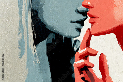 An expressive abstract painting showing two stylized human faces in close proximity, rendered with bold brushstrokes and contrasting colors that suggest intimacy and tension.