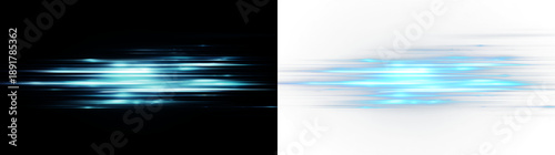 Fotografija Bright blue light streaks move quickly across a dark background and a white back