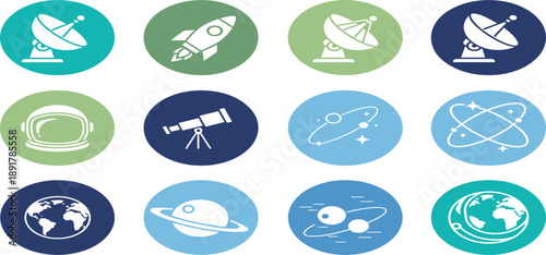 Space and Astronomy Icon Set with Satellite, Rocket, Telescope, Planet, Earth, Atom, and Astronaut Symbols in Flat Circular Badge Style