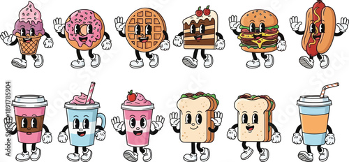 Set of fast food retro groovy cartoon character, retro fast food character mascots, vintage mascot of burger, pizza, hot dog, ice cream, french fries, cartoon food illustration set