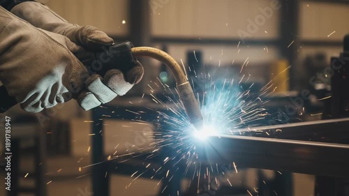 Worker uses mig welding steel sparks metal light industrial metal fabrication protective gloves closeup bright sparks intense light precision skill