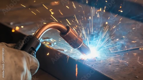 MIG welding sparks fly joining steel pieces with precision and skill using hand tool industrial metal work creating strong bonds with intense energy