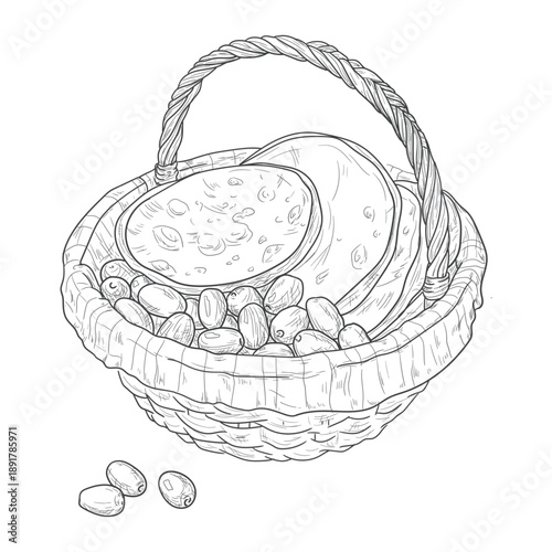 Delicious flatbread in wicker basket, sketch. Vector illustration. Dates and lavash in basket, isolated on a white background. Concept for a healthy breakfast or meal for the Ramadan holiday.