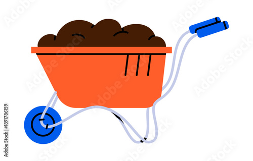 Hand drawn cute illustration of wheelbarrow. Flat vector garden cart with soil doodle. Farming equipment sticker. Backyard transportation tool icon. Spring season cultivation. Isolated.