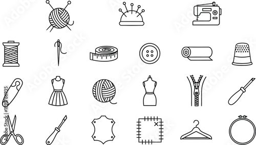 Collection of black and white line art icons representing various sewing and tailoring tools are displayed on a white background.