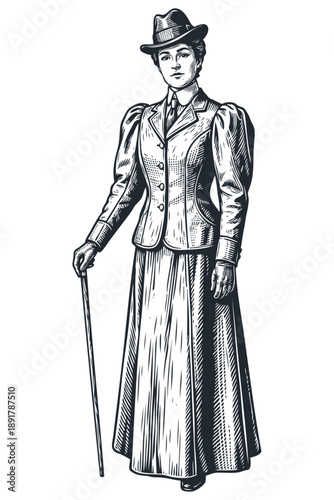 An elegant woman in a vintage suit, hat, and gloves holding a walking cane. A classic vector illustration in a monochrome engraving style.