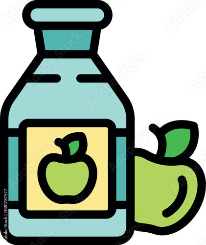 Freshly squeezed green apple juice packaged in a glass bottle, featuring an apple icon on its label, accompanied by a ripe green apple