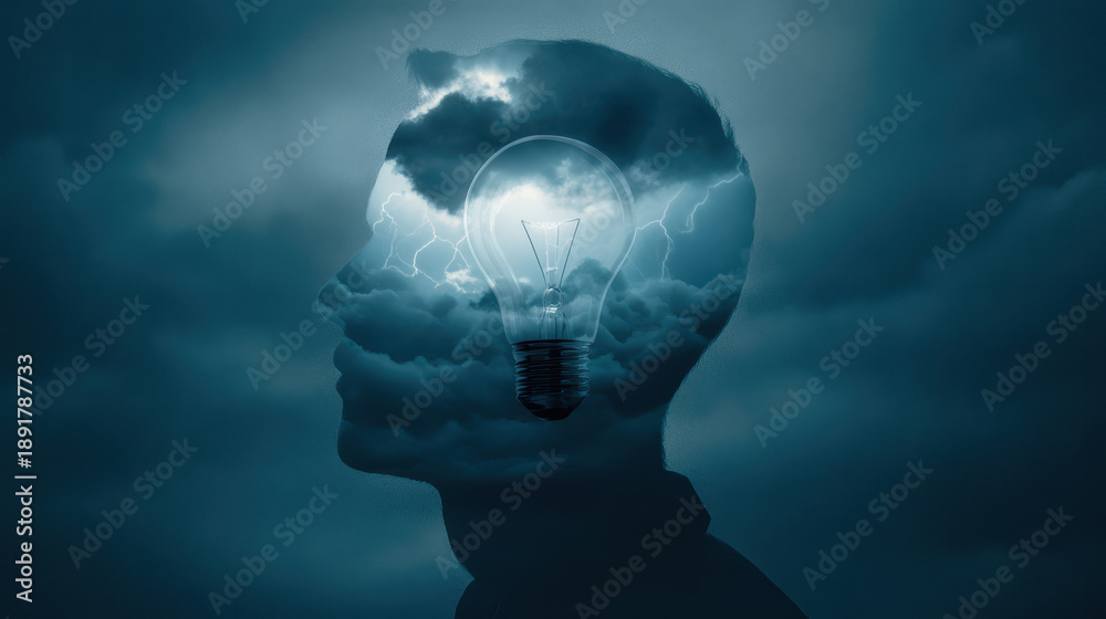 Obraz premium Silhouette of man with light bulb and storm clouds inside his head symbolizes economic crisis and inflation causing poverty and mental struggle