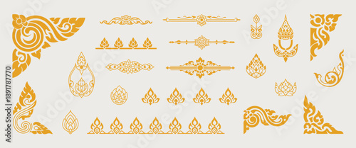 Thai Decoration Elements Design Collection Featuring Traditional Kanok Patterns, Lotus Ornaments, Floral Symbols, Elegant Borders, and Corner Motifs, Ideal for Luxury Branding and Cultural Design