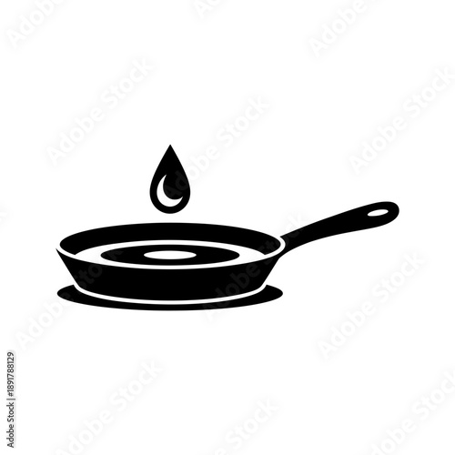 Frying Pan with Oil Drop Icon. A minimalist black silhouette icon depicting a frying pan with a single drop of liquid, likely oil, falling into its surface.