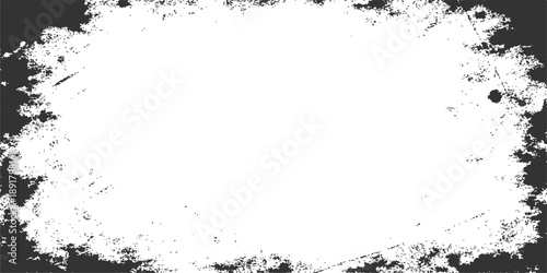 Black abstract grunge frame design featuring a vintage ink texture with floral silhouettes and paint splatter stains on a grungy vector illustration border