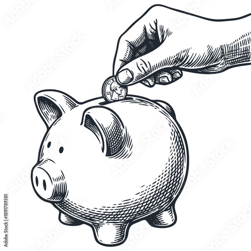 A hand putting a coin in a piggy bank. A financial concept of saving money. Vector illustration in a classic monochrome engraving style.