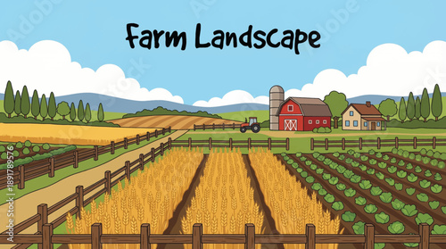 Traditional crop farm landscape illustration showing cultivated agricultural fields, sustainable farming, food production, and rural countryside environment.