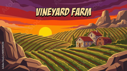 Vineyard farm illustration vector on rolling hills with grapevines, representing wine production, traditional agriculture, and premium rural landscape.