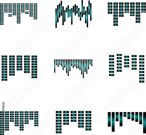 Collection of digital sound wave icons and blue audio equalizer frequency bars on a white background for music production and electronic data visualization.