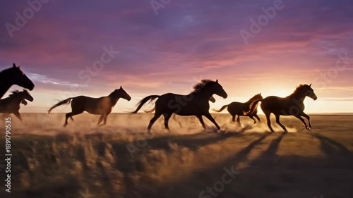 Horses galloping freely across the open plains during a vibrant sunset viewed from a distance.