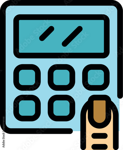 Finger with painted nail pressing a button on a calculator, performing calculations
