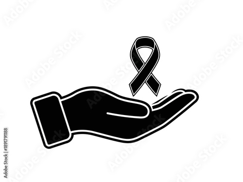A nice and strong hand silhouette holding awareness ribbon icon silhouette for support care and solidarity concept