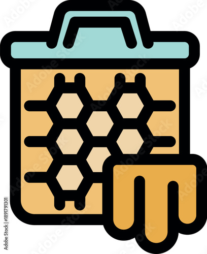 Honey dripping from a honeycomb frame placed inside a beekeeping basket, representing the process of honey extraction and beekeeping practices