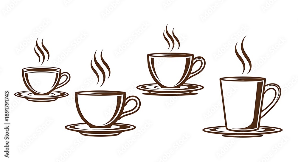 Obraz premium Elegant monochrome illustration of steaming hot beverage cups, a versatile graphic collection for coffee shops, cafes, and drink-related designs perfect for menu accents or branding