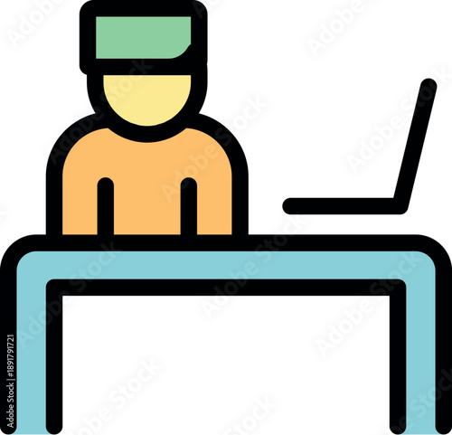 Nurse wearing scrubs sitting at desk using laptop, representing remote work in healthcare, telehealth, and online patient care