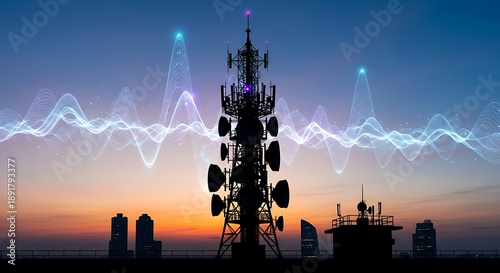 A towering antenna's silhouette against a sunset sky, with glowing digital waves, symbolizes modern global wireless connectivity and data transmission.