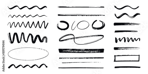 Black Brush Pencil Underline Marks with Crayon Stroke Textures for Highlighting and Emphasis, Featuring Hand Drawn Wavy and Straight Lines, Circular Shapes, and Rectangles for Text Decoration