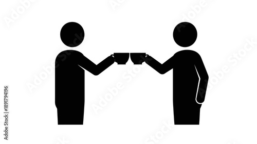 Two people toasting with coffee cups in a simple graphic illustration.