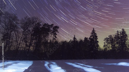 Startrail timelapse landscape with winter landscape. 4k night landscape.