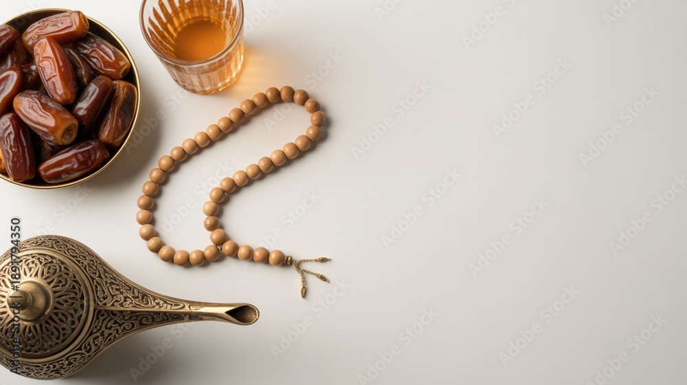 Naklejka premium Ramadan essentials with dates, prayer beads, and traditional tea