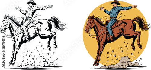 Vintage-style illustration of cowboy riding bucking horse in black and color versions, ideal for rodeo, western, or equestrian-themed design.