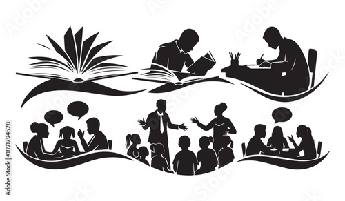 A black silhouette depicts scenes of education including a teacher with a student a lecture and group learning high quality professional