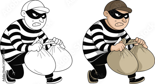 Cartoon thief burglar character illustration set, black and white outline and colored version, criminal stealing with money bags isolated on white background