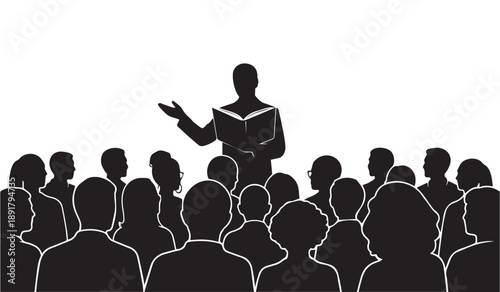 A striking black and white illustration depicts a speaker addressing a large audience creating a visual representation of public speaking and engagement