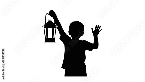 Silhouette of a child holding a lantern and waving.