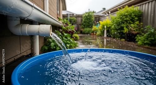 Rainwater Harvesting System: Fresh Water Flowing from Downspout into a Blue Rain Barrel for Sustainable Garden Irrigation and Conservation in a Residential Backyard