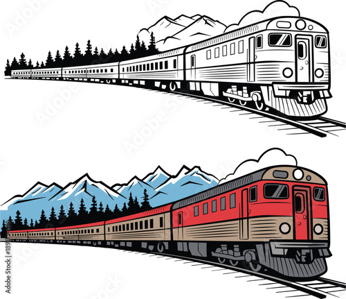 Passenger train illustration set traveling through mountain forest landscape, black and white line art and colored version, scenic railway transport isolated on white background