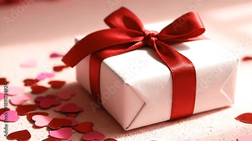 Wrapped gift box with red ribbon and bow decorated with hearts