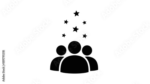 Simple black icon of three people with stars above them.