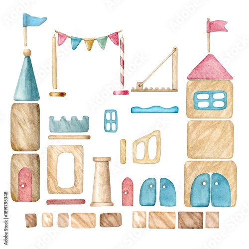 А set of wooden building blocks from a children's construction set for creating a house, palace, or tower, hand-drawn in watercolor, suitable for decorating postcards, invitations, packaging.
