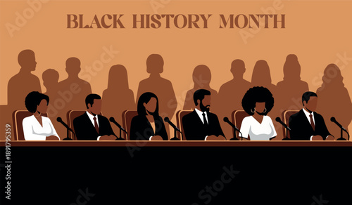 A digital illustration depicts a panel of african american individuals at a podium celebrating black history month high quality professional
