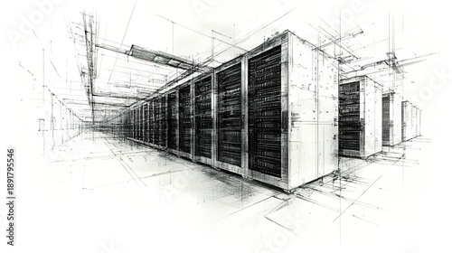 Sketch - style Rendering of a Server Room with Rows of Server Racks