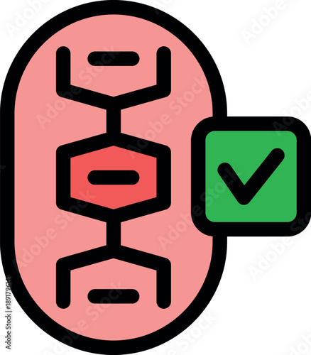 Simple colorful icon of dna structure with positive result checkmark, representing successful genetic engineering or testing