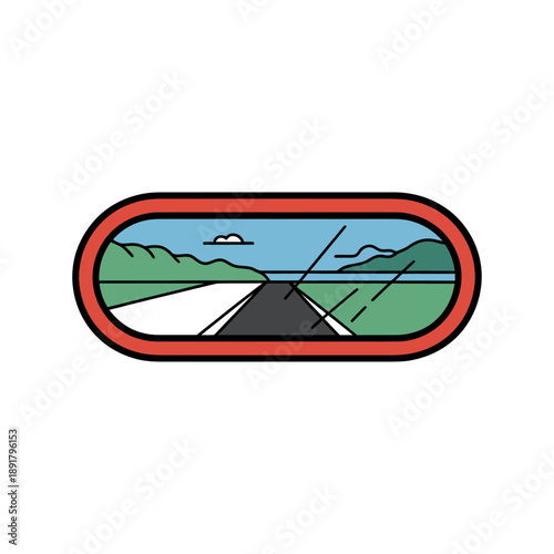 Road Trip Landscape View Icon. A minimalist vector illustration depicting a scenic road trip view, framed like a car s rearview mirror or window.