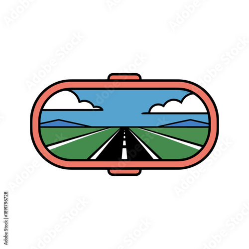 Road Trip Landscape View Icon. A minimalist vector illustration depicting a scenic road trip view, framed like a car s rearview mirror or window.