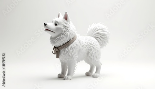 White samoyed dog standing with collar on minimalist background  