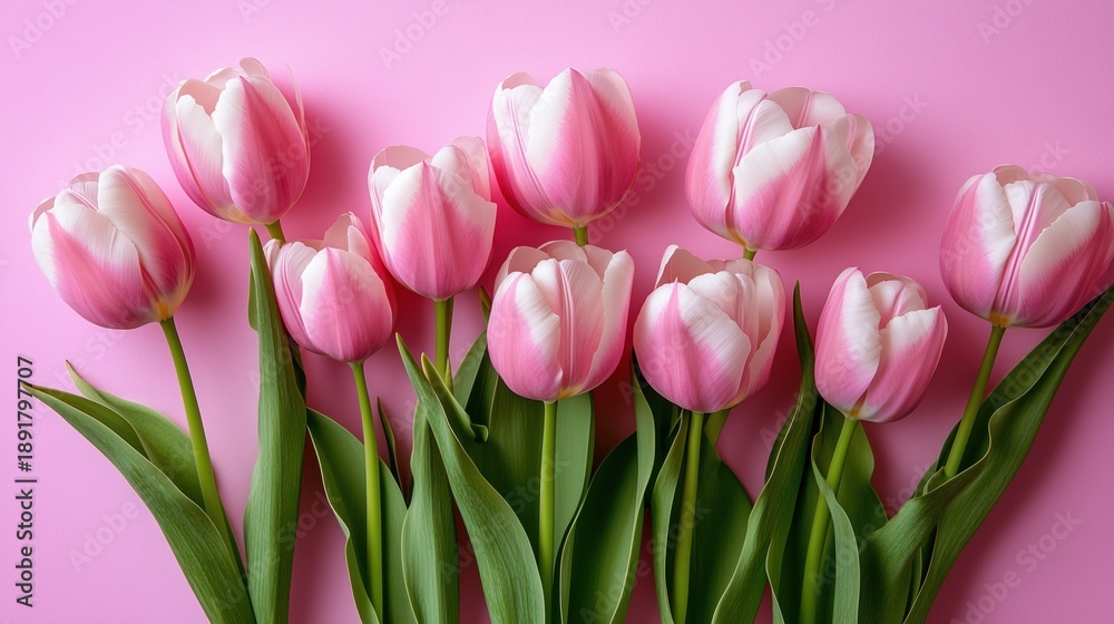 Fototapeta premium Pink tulips on soft pastel background, spring floral greeting card concept for International Women’s Day and Mother’s Day, elegant flower background for celebration designs