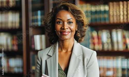 Confident African American female lawyer holding a folder in an office with bookshelves with copy space, wearing a white jacket, smiling softly showing professionalism and experience